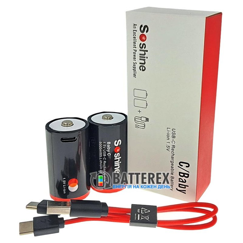 Літієвий акумулятор C R14 Li-ion Soshine 5000mWh 1.5V Protected USB Type-C, комплект 2 акумулятори та зарядний кабель