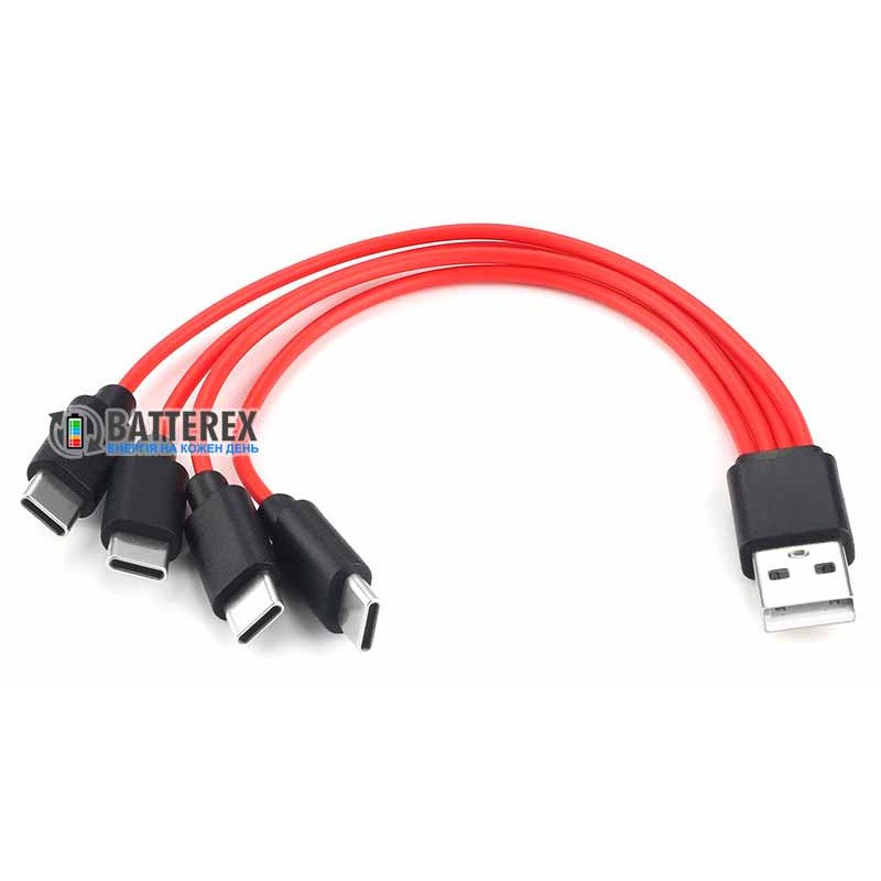 Кабель Soshine USB AM - 4xType-C Red 2.4А 0.2м на 4 порта USB Type-C для зарядки 4х аккумуляторов или устройств одновременно