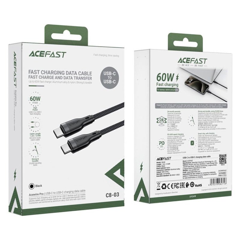 Кабель для быстрого заряда ACEFAST C8-03 Type-C to Type-C 5A 60W, длина 1.2 м, чёрный
