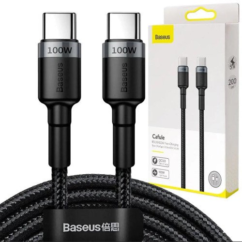 Кабель Baseus Cafule CATKLF-ALG1 Type-C to Type-C QuickCharge 3.0 100W 5-20V 5A, довжина 2м, чорний/сірий