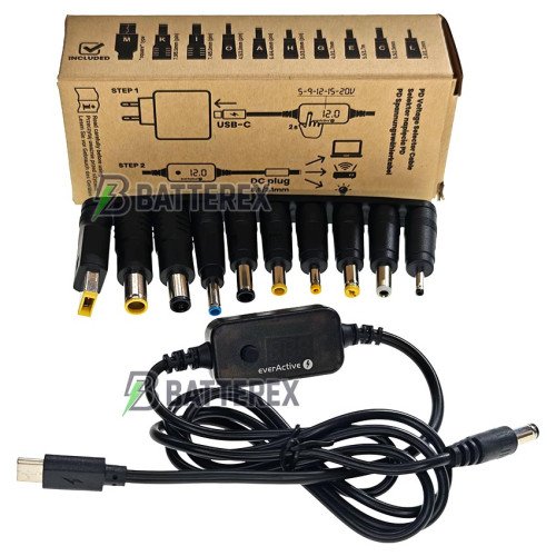 Everactive AD-PD65 - універсальний адаптер живлення USB-C - DC, вибір струму 5V, 9V, 12V, 15V, 20V, набір 10 перехідників