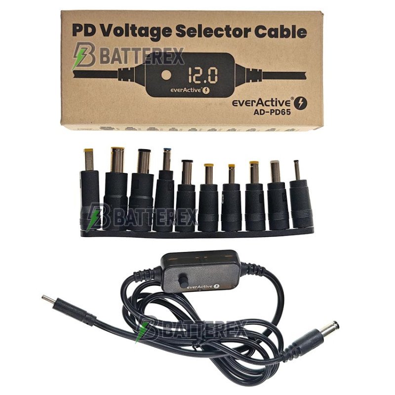 Універсальний адаптер живлення Everactive AD-PD65 USB-C - DC із вибором струму 5-20V та набором 10 перехідників