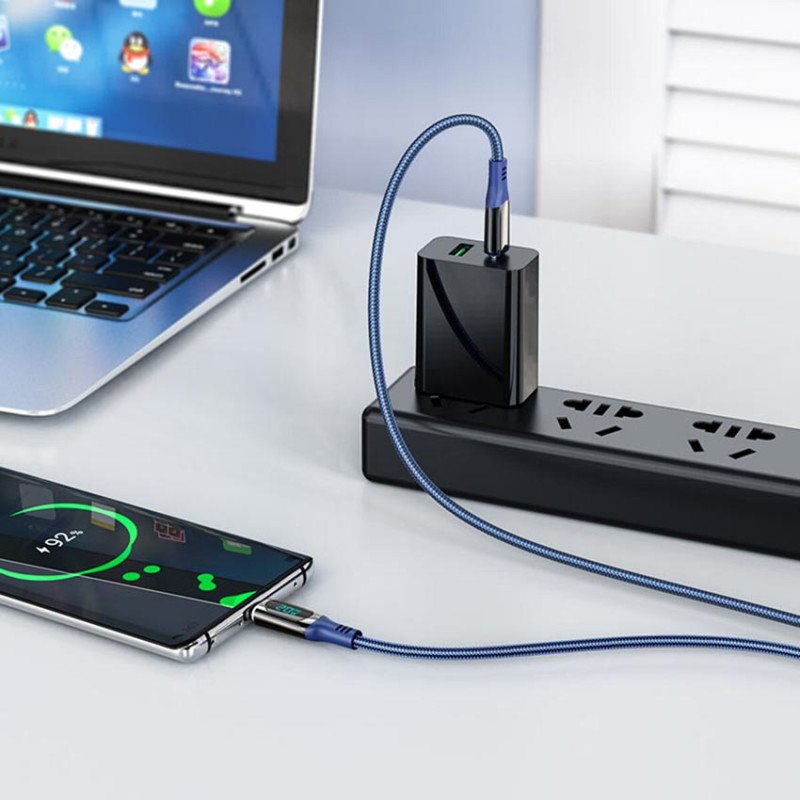 Кабель с индикацией мощности заряда HOCO S51 Charging Power Display Type-C to Type-C 100W PD Blue, длина 1м, синий