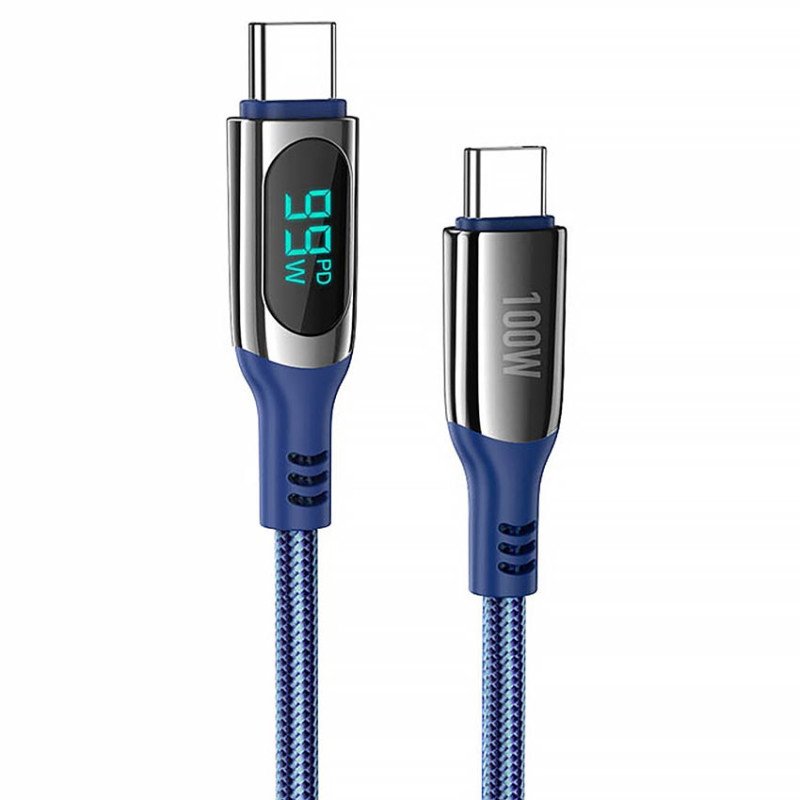 Кабель с индикацией мощности заряда HOCO S51 Charging Power Display Type-C to Type-C 100W PD Blue, длина 1м, синий
