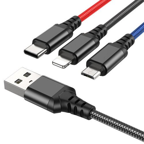 Кабель 3-в-1 HOCO X76 USB - Type-C - Lightning - microUSB 2A, длина 1 м