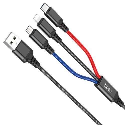 Кабель 3-в-1 HOCO X76 USB - Type-C - Lightning - microUSB 2A, длина 1 м
