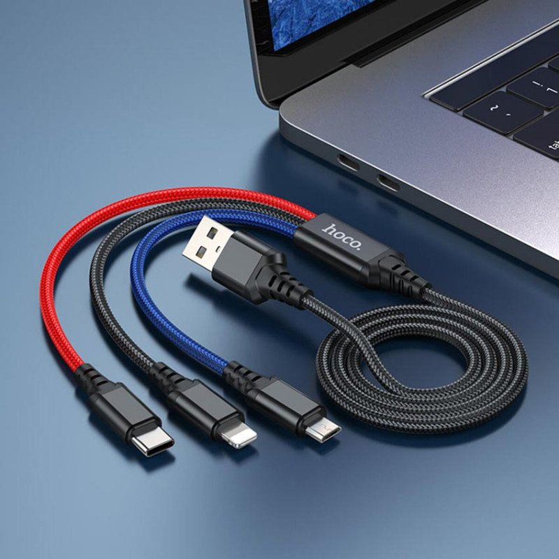 Универсальный кабель 3-в-1 HOCO X76 USB - Type-C - Lightning - microUSB 2A, длина 1 м