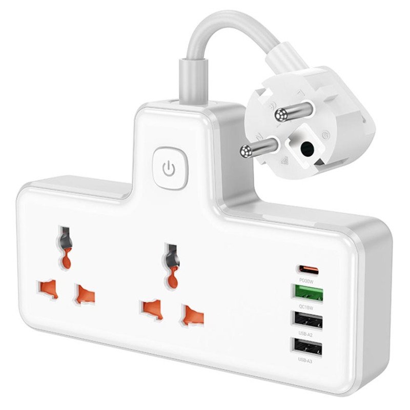 Мережевий подовжувач HOCO AC12A Reise 2-position Expansion Socket на 2 універсальні розетки, 3x USB та 1x Type-C PD 30W