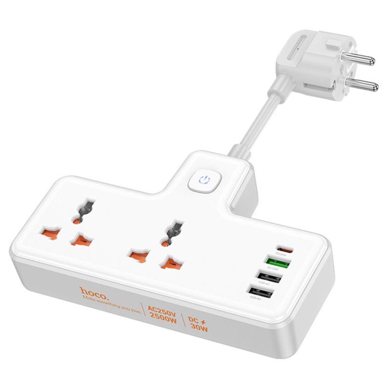 Мережевий подовжувач HOCO AC12A Reise 2-position Expansion Socket на 2 універсальні розетки, 3x USB та 1x Type-C PD 30W