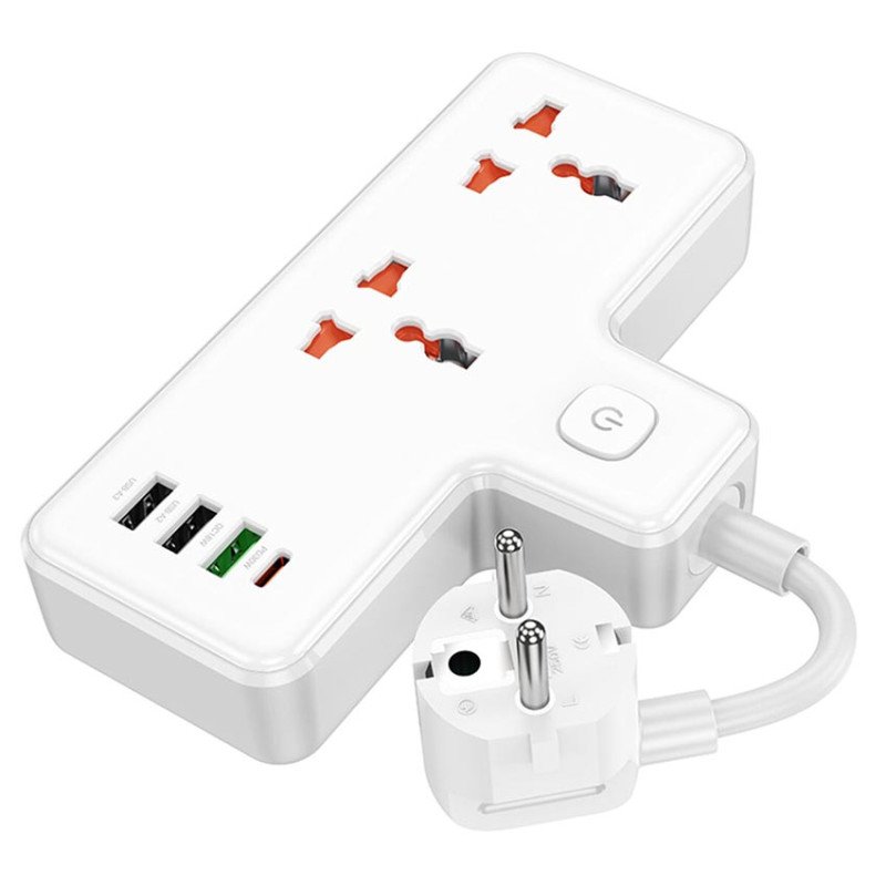 Мережевий подовжувач HOCO AC12A Reise 2-position Expansion Socket на 2 універсальні розетки, 3x USB та 1x Type-C PD 30W