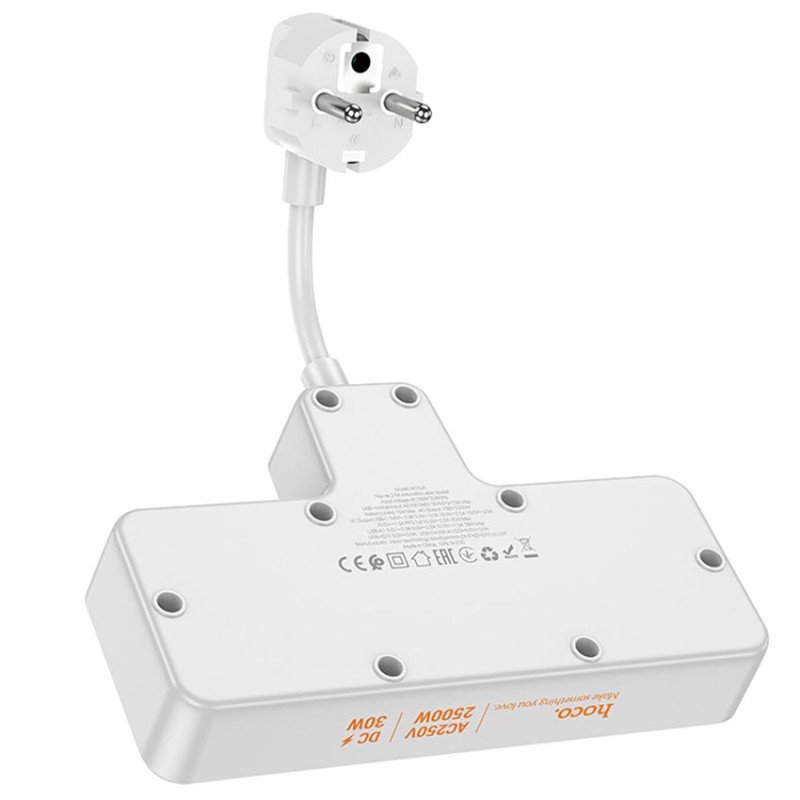 Мережевий подовжувач HOCO AC12A Reise 2-position Expansion Socket на 2 універсальні розетки, 3x USB та 1x Type-C PD 30W