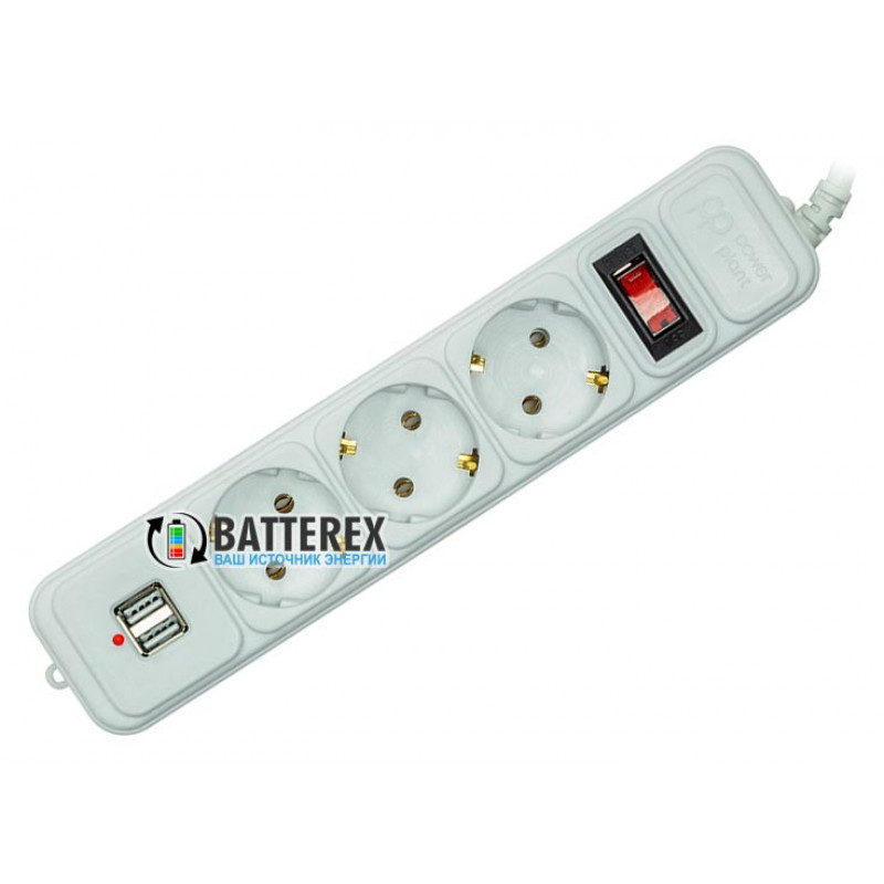 Сетевой фильтр - удлинитель PowerPlant на 3 розетки и 2 USB-порта 5V 2.1A - длина кабеля 1.8м