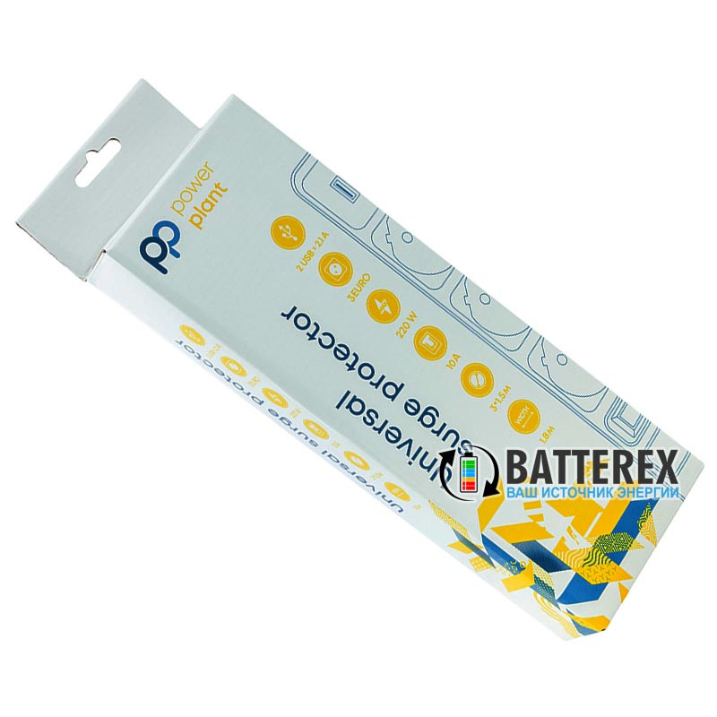 Сетевой фильтр - удлинитель PowerPlant на 3 розетки и 2 USB-порта 5V 2.1A - длина кабеля 1.8м