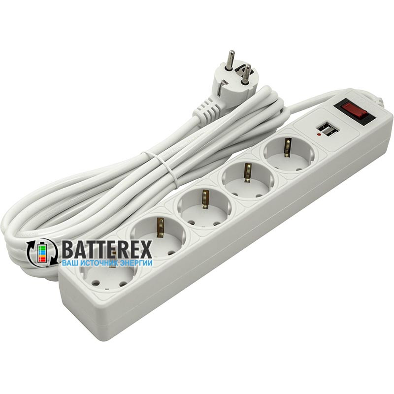Сетевой фильтр - удлинитель PowerPlant на 5 розеток и 2 USB-порта 5V 2.1A - длина кабеля 5м