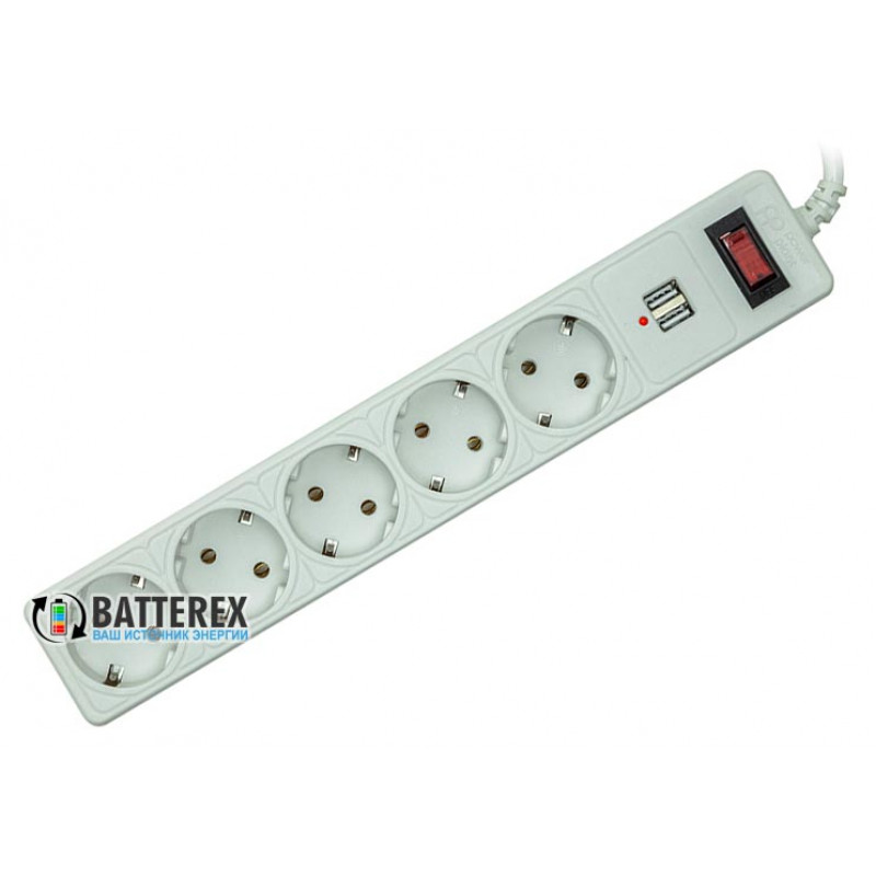 Сетевой фильтр - удлинитель PowerPlant на 5 розеток и 2 USB-порта 5V 2.1A - длина кабеля 5м