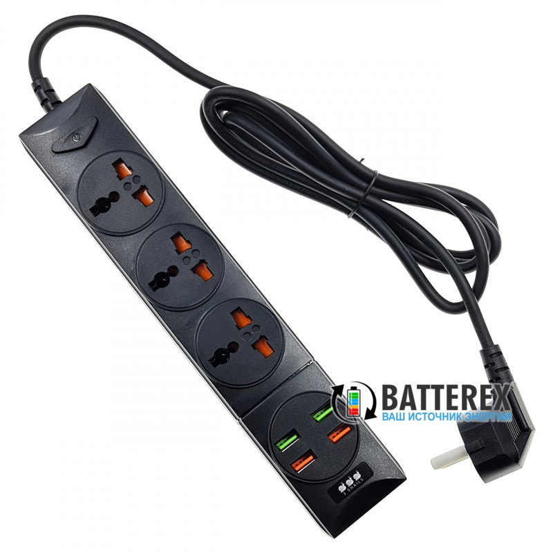 Сетевой фильтр (удлинитель) BKL-01 на 3 розетки и 4 порта USB 5V 3,4A - длина 2м