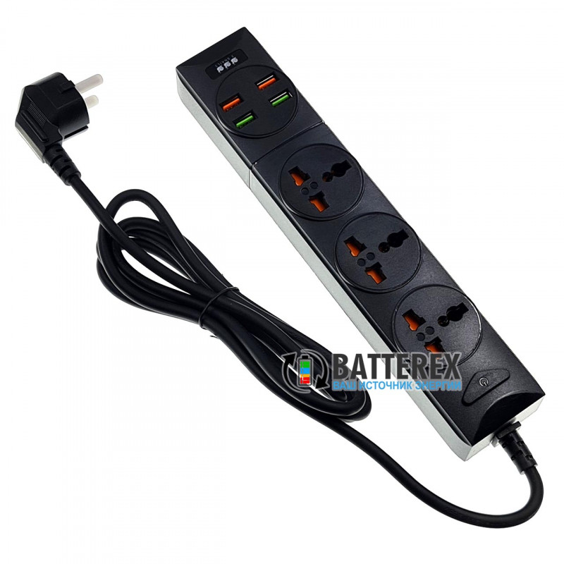 Сетевой фильтр (удлинитель) BKL-01 на 3 розетки и 4 порта USB 5V 3,4A - длина 2м