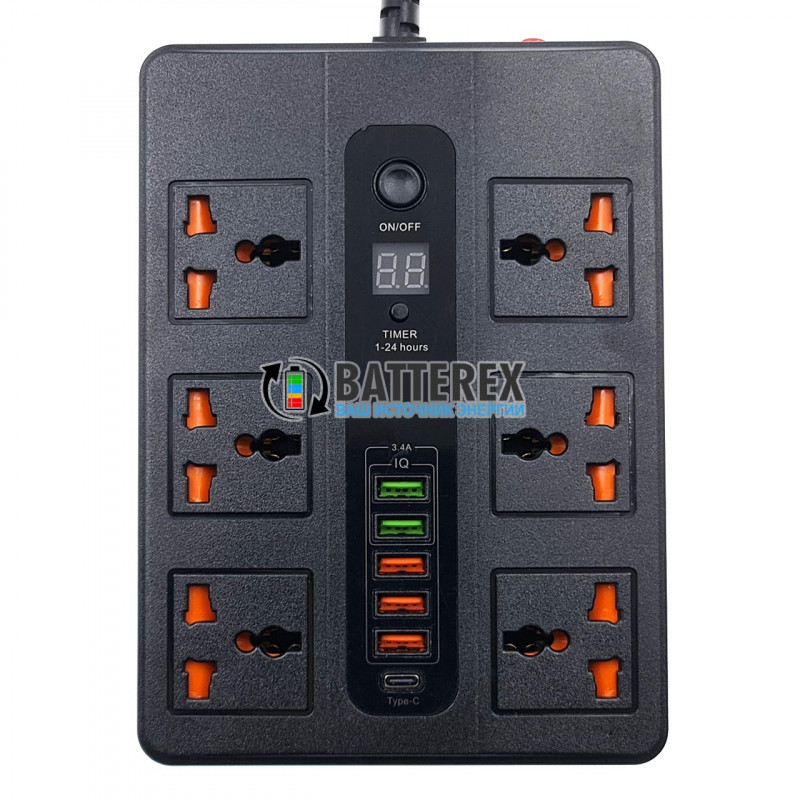 Сетевой фильтр (удлинитель) BLK-11 2500W на 6 розеток, 5 портов USB 5V 3,4A и 1 порт Type-C, таймер отключения, длина 2м