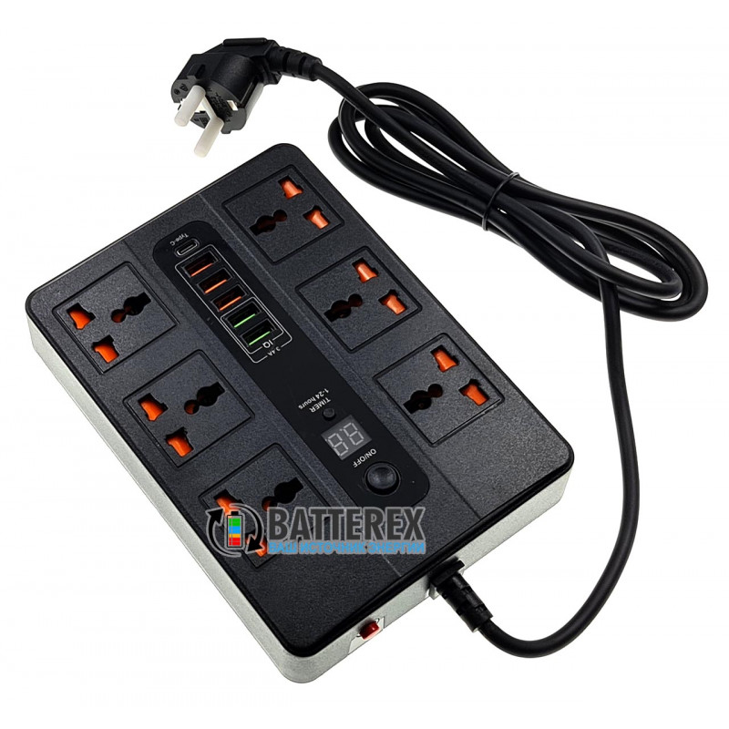 Сетевой фильтр (удлинитель) BLK-11 2500W на 6 розеток, 5 портов USB 5V 3,4A и 1 порт Type-C, таймер отключения, длина 2м