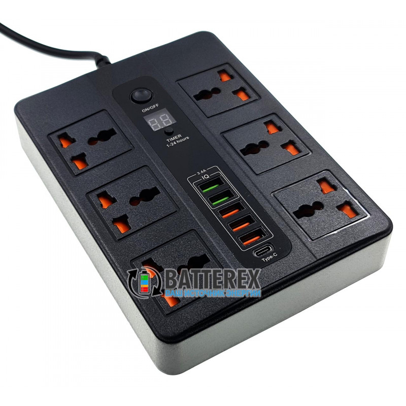 Сетевой фильтр (удлинитель) BLK-11 2500W на 6 розеток, 5 портов USB 5V 3,4A и 1 порт Type-C, таймер отключения, длина 2м
