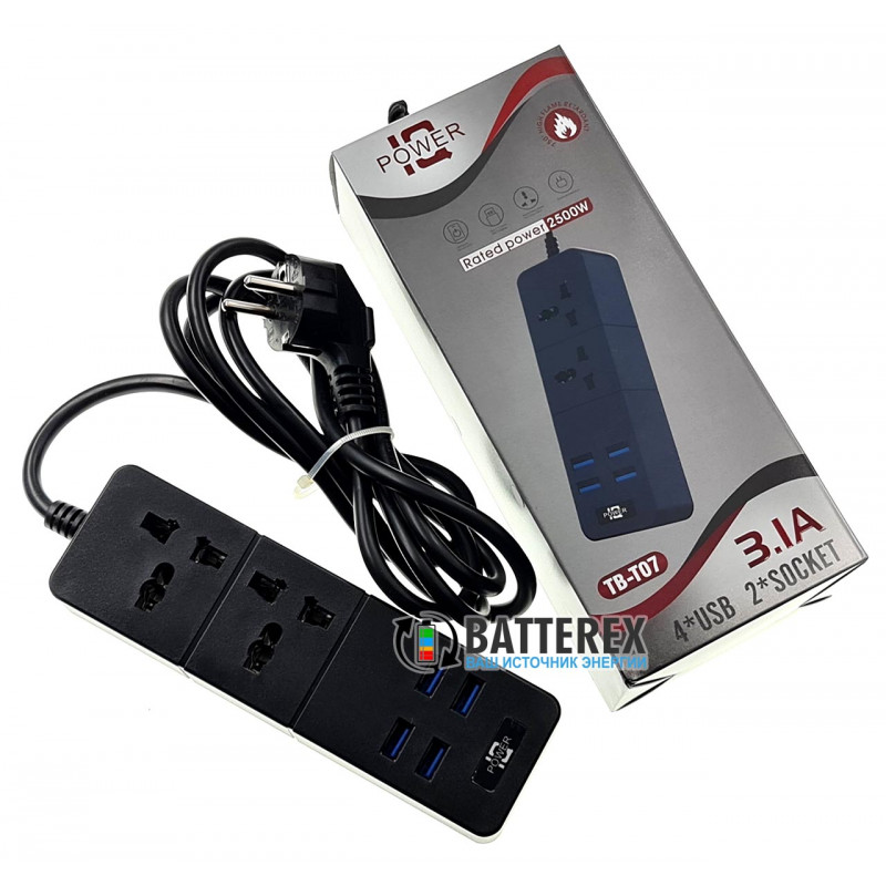 Сетевой фильтр - удлинитель IQ Power TB-T07 Black на 2 розетки и 4 USB-порта - длина 2м