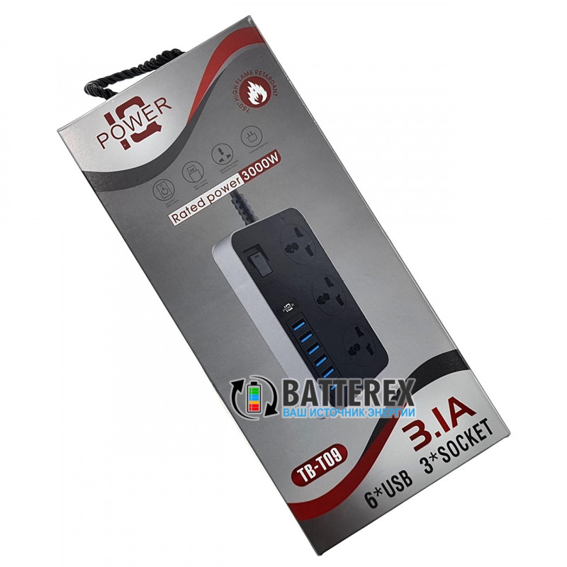 Сетевой фильтр (удлинитель) IQ Power TB-T09 на 3 розетки и 6 USB-портов - длина 2м