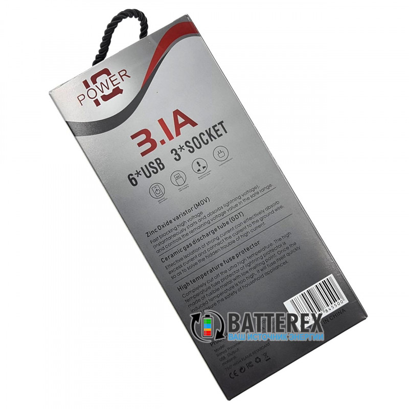 Сетевой фильтр (удлинитель) IQ Power TB-T09 на 3 розетки и 6 USB-портов - длина 2м