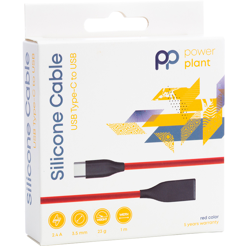 Кабель PowerPlant USB AM - Type-C 2.4А 1м супергибкий силиконовый, красный цвет, для зарядки и передачи данных