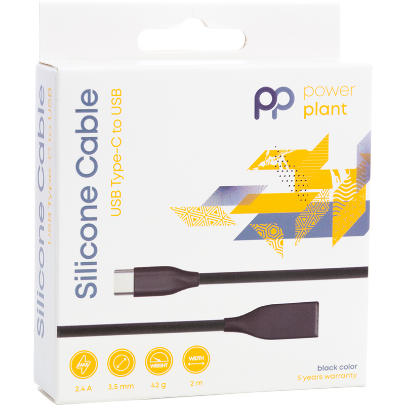 Кабель PowerPlant USB AM - Type-C 2.4А 2м супергнучкий силіконовий, чорний колір, для зарядки та передачі даних
