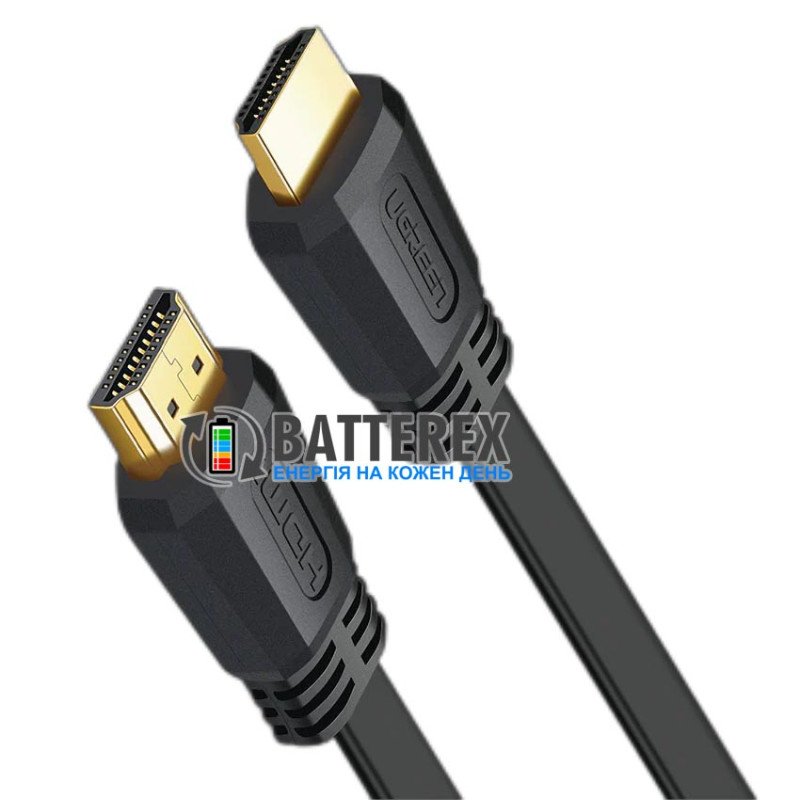 Кабель 4K HDMI плоский UGREEN ED015 UGR-70159 Flat Cable v2.0 2м чёрный, позолоченные коннекторы, поддежка 4K, 32 канала аудио