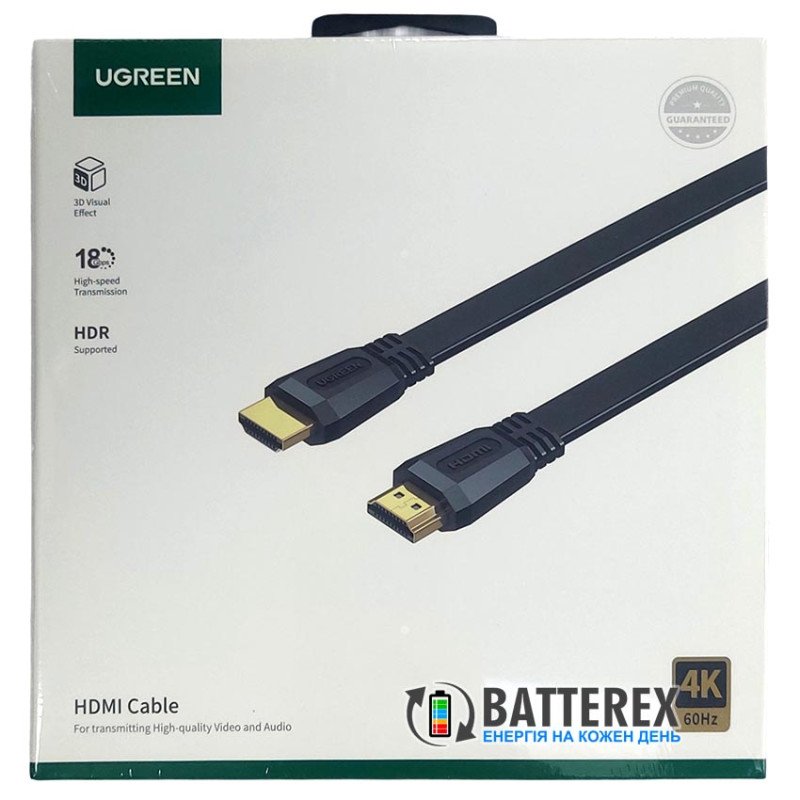 Кабель 4K HDMI плоский UGREEN ED015 UGR-70159 Flat Cable v2.0 2м чёрный, позолоченные коннекторы, поддежка 4K, 32 канала аудио