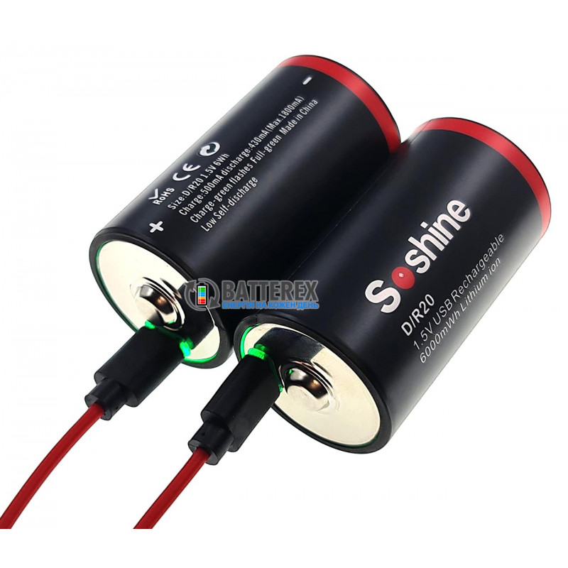 Літієвий акумулятор D R20 Li-ion Soshine 6000mWh 1.5V Protected micro-USB поштучно від 1 шт.