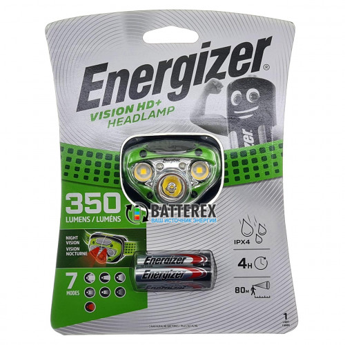 Energizer Vision HD+ налобный фонарь 350люмен с белым и красным светом, 7 режимов, питание 3хААА, непрерывная работа до 35ч