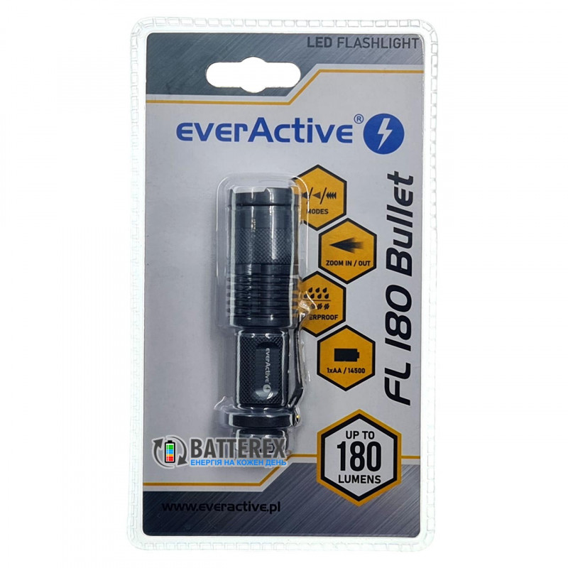Фонарь Everactive FL180 Bullet с регулировкой фокуса и питанием АА или 14500