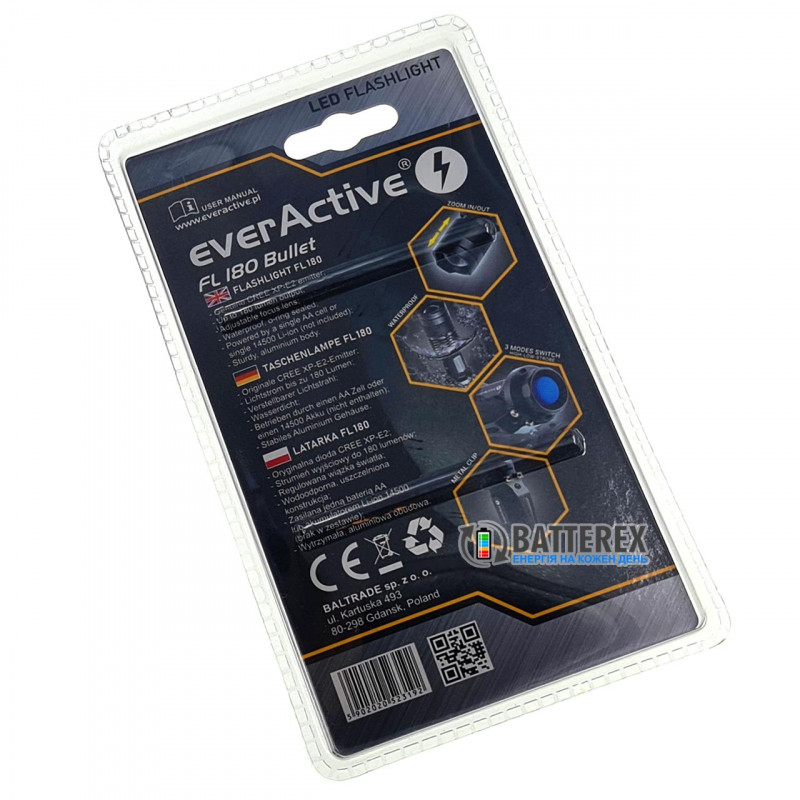 Фонарь Everactive FL180 Bullet с регулировкой фокуса и питанием АА или 14500