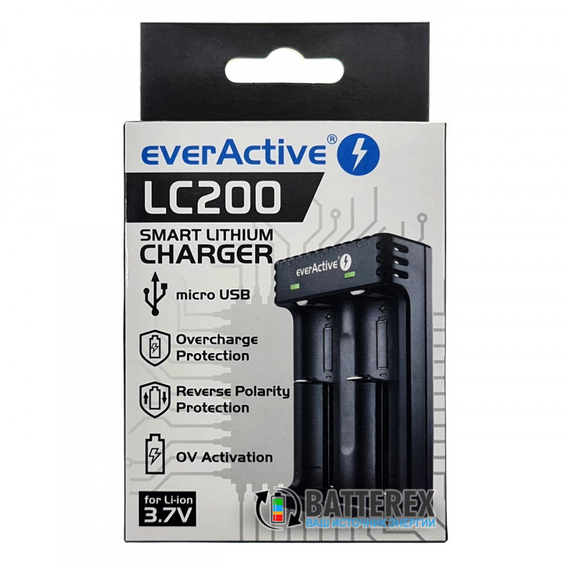 Зарядний пристрій EverActive LC200 для Li-ion акумуляторів 18650, 21700, 18500, 26650, 16340 та ін.