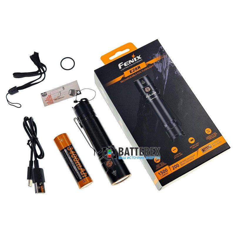 Фонарь Fenix E28R 1500 люмен с зарядкой от USB Type-C + аккумулятор 18650 Fenix 3400mah - оригинал