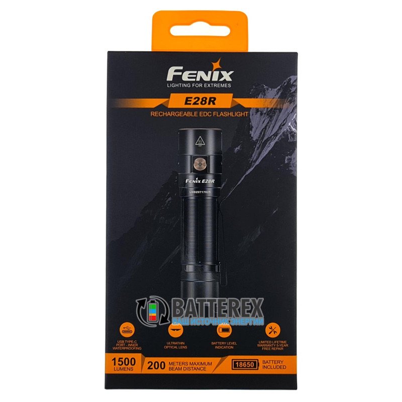 Фонарь Fenix E28R 1500 люмен с зарядкой от USB Type-C + аккумулятор 18650 Fenix 3400mah - оригинал
