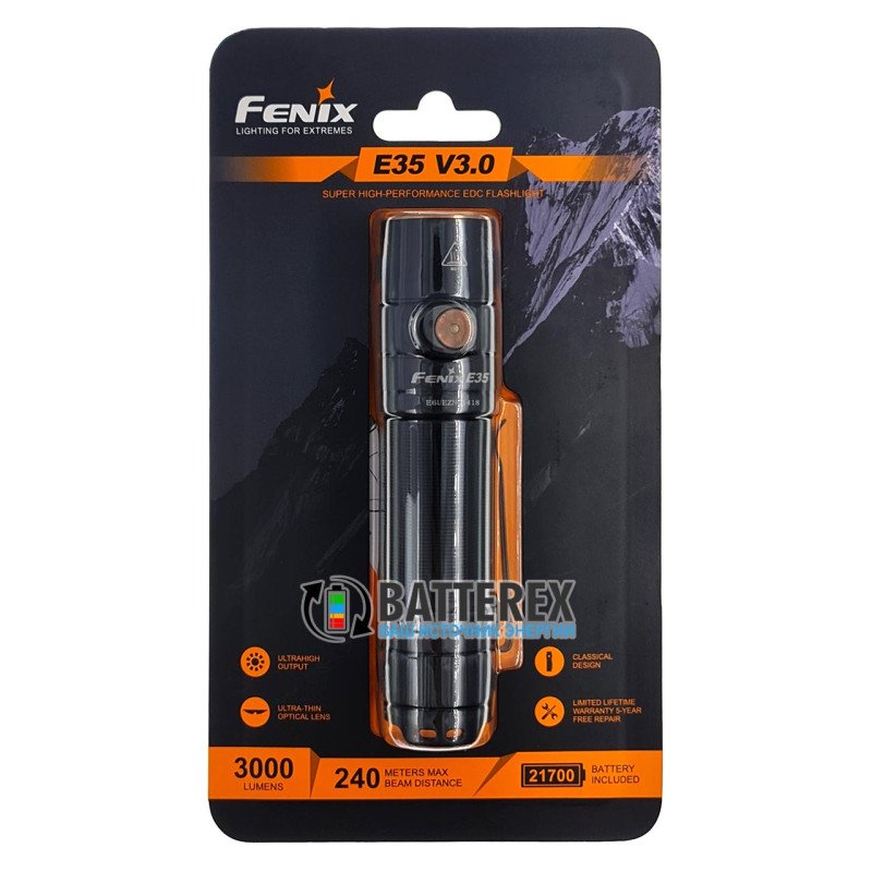 Фонарь Fenix E35 V3.0 3000 люмен + аккумулятор 21700 Fenix 5000mah с зарядкой от USB Type-C - оригинал