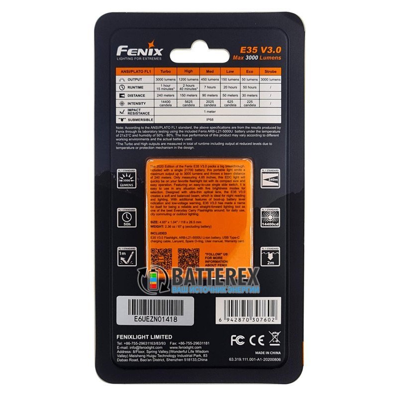 Фонарь Fenix E35 V3.0 3000 люмен + аккумулятор 21700 Fenix 5000mah с зарядкой от USB Type-C - оригинал