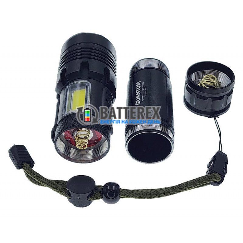 Яркий ручной фонарь Quantum Perfect QM-FL1035 5W LED 1000Lm + 3W COB, фокус Zoom, Повербанк, заряд от USB Type-C, универсальное питание 18650/26650/3хААА, аккумулятор 18650 в комплекте