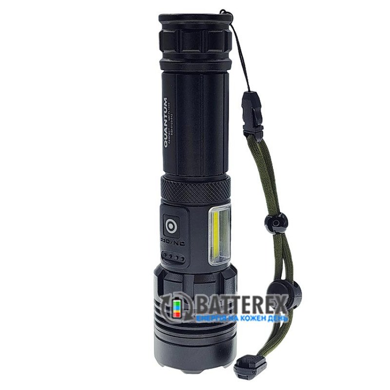 Яркий ручной фонарь Quantum Perfect QM-FL1035 5W LED 1000Lm + 3W COB, фокус Zoom, Повербанк, заряд от USB Type-C, универсальное питание 18650/26650/3хААА, аккумулятор 18650 в комплекте