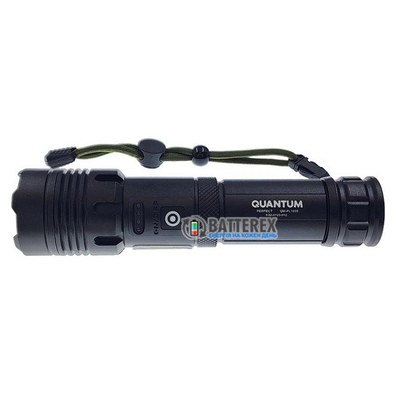 Яркий ручной фонарь Quantum Perfect QM-FL1035 5W LED 1000Lm + 3W COB, фокус Zoom, Повербанк, заряд от USB Type-C, универсальное питание 18650/26650/3хААА, аккумулятор 18650 в комплекте