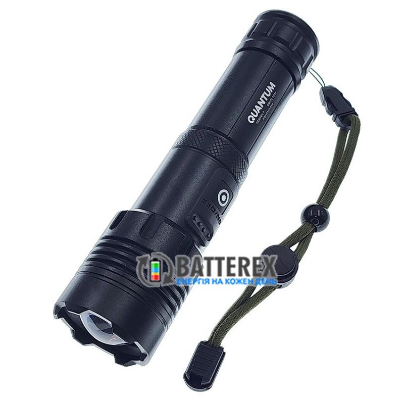 Яркий ручной фонарь Quantum Perfect QM-FL1035 5W LED 1000Lm + 3W COB, фокус Zoom, Повербанк, заряд от USB Type-C, универсальное питание 18650/26650/3хААА, аккумулятор 18650 в комплекте
