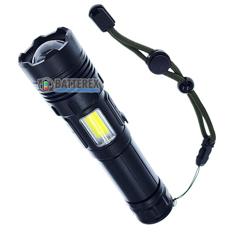 Яркий ручной фонарь Quantum Perfect QM-FL1035 5W LED 1000Lm + 3W COB, фокус Zoom, Повербанк, заряд от USB Type-C, универсальное питание 18650/26650/3хААА, аккумулятор 18650 в комплекте