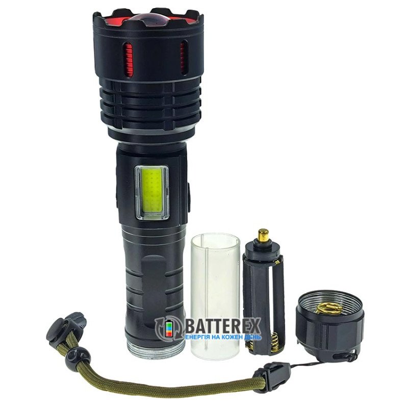 Яскравий ручний ліхтар Quantum Stream QM-FL1036 10W 1200Lm + 3W COB, фокус Zoom, дисплей із індикациєю заряду, Повербанк, заряд від USB Type-C, універсальне живлення 18650/26650/3хААА, акумулятор 26650 4500mah в комплекті
