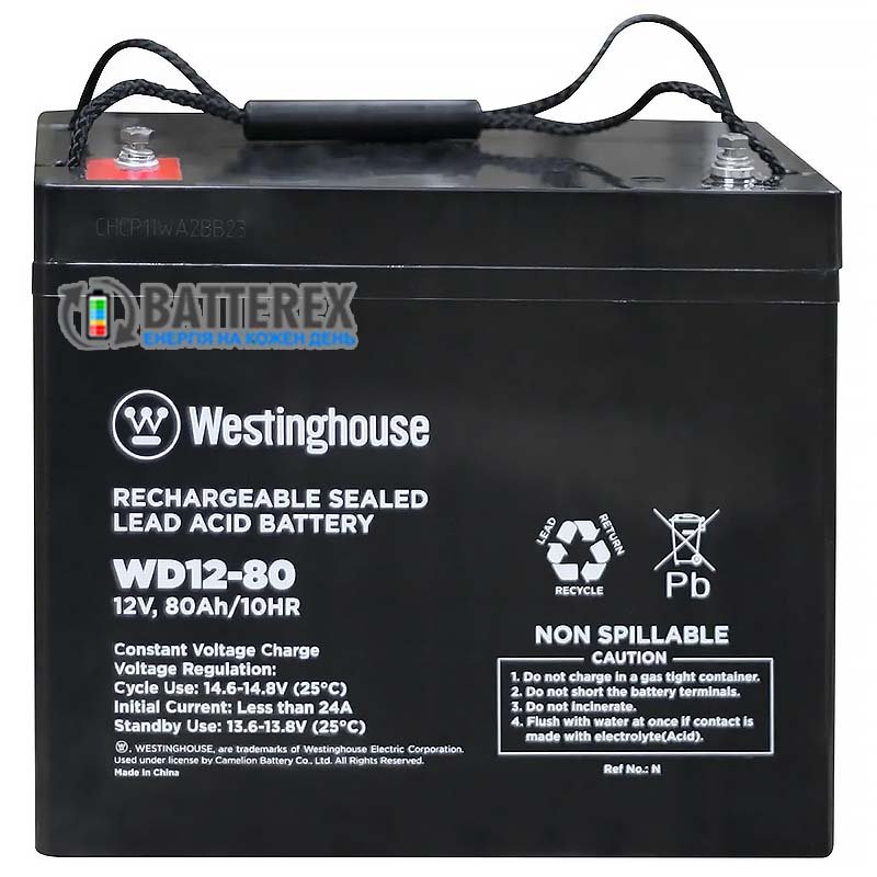 Батарея аккумуляторная 12V 80Ah Terminal T14 Westinghouse Deep Cycle свинцово-кислотная, 260x168x211мм, 25.3кг, клемма М6х16