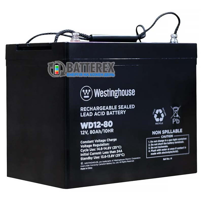 Батарея аккумуляторная 12V 80Ah Terminal T14 Westinghouse Deep Cycle свинцово-кислотная, 260x168x211мм, 25.3кг, клемма М6х16
