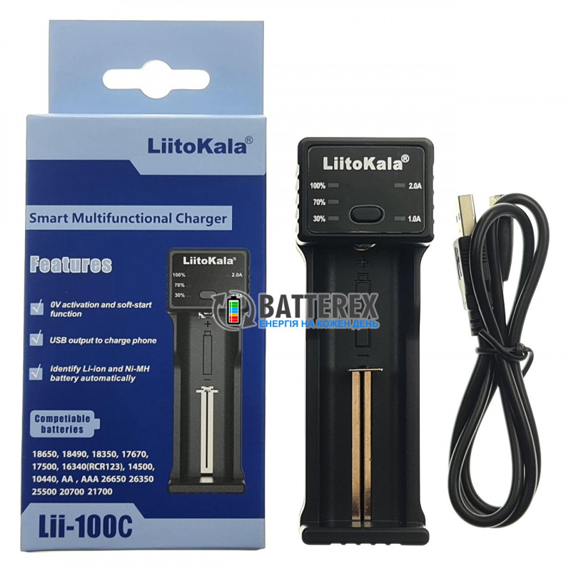 Зарядний пристрій LiitoKala Lii-100C для акумуляторів AA, AAA та Li-ion із функцією Повербанк та струмом заряду до 2А