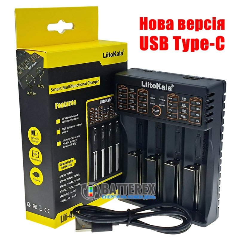 Універсальна 4х-канальна зарядка Liitokala Lii-402 USB Type-C для NiCd/NiMH и Li-Ion/LiFePO4 акумуляторів із повербанком та вибором струму заряду